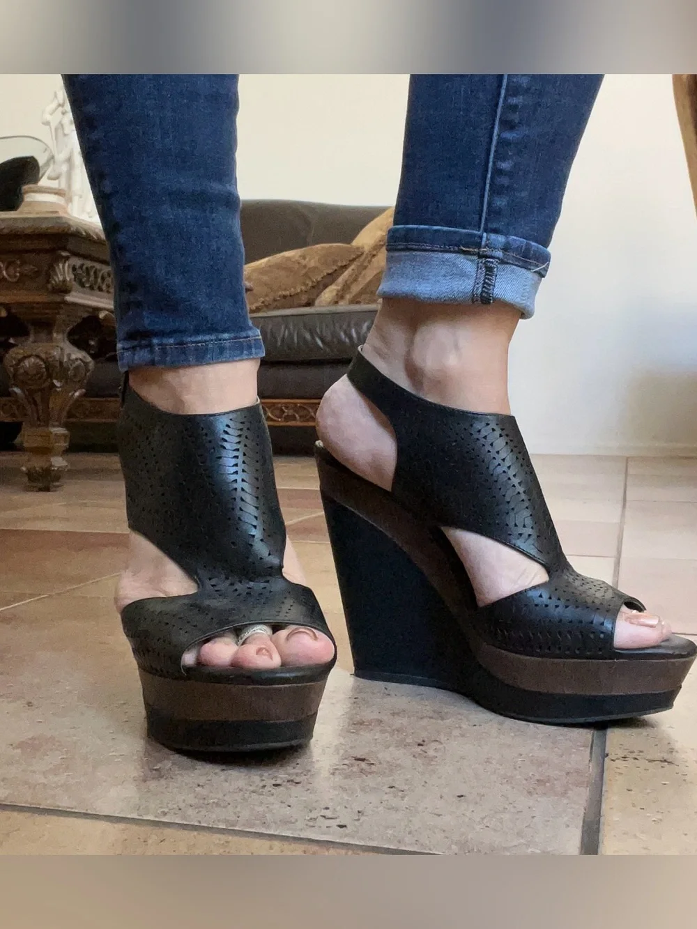 Gianni Bini Black Perforated Leather Wedge Sandals